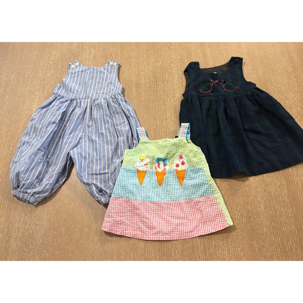 Vtg Girls 3T Dress Lot Smocked Ice Cream Plaid Jumper Striped Romper 3Pc Bundle